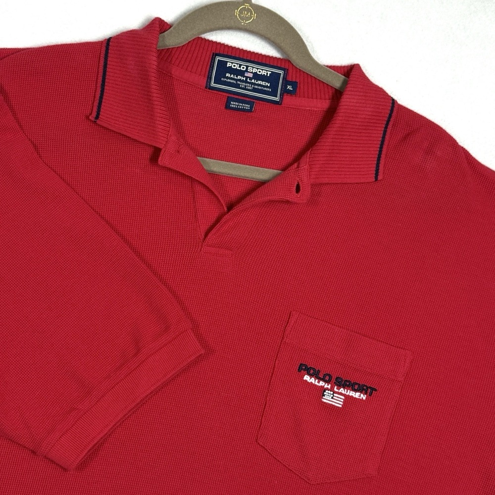 Vintage 90s Polo Sport Ralph Lauren Shirt XL USA Flag‎ Waffle Knit Short Sleeve